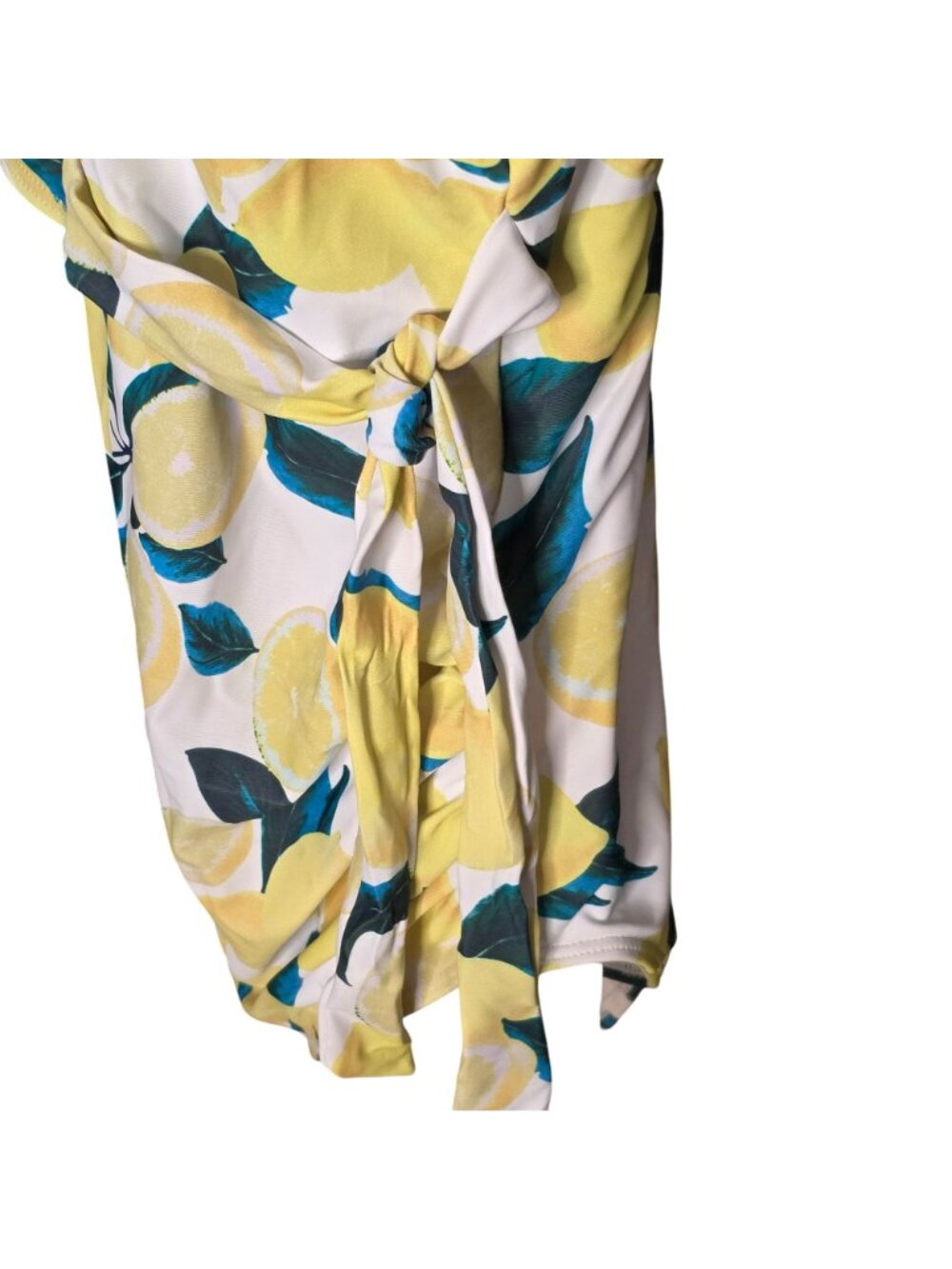 Lemon Print One‑Piece Swimsuit LG Wrap Tie V Neck Ruched Sides Lined - Picture 5 of 9